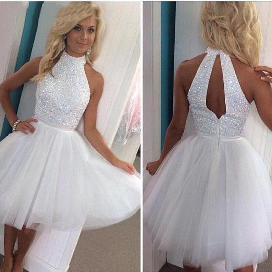 White Crystal High Collar Short Homecoming Dresses Tulle Sleeveless Mini Cocktail Gowns_3