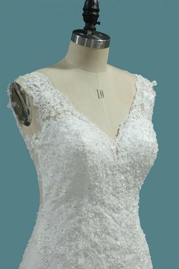 TsClothzone Elegantes Meerjungfrau-Hochzeitskleid mit V-Ausschnitt, Tüll, weiße Spitzenapplikationen, Perlenstickerei, Brautkleider Online_4