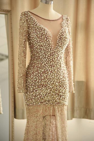 Illusion neck Champange Pearls Long High split Prom Dress_6
