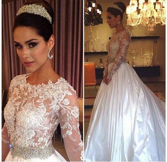 Crystal Long Sleeve Satin Wedding Dress with Beadings New Arrival Lace Applique Bridal Gowns_3