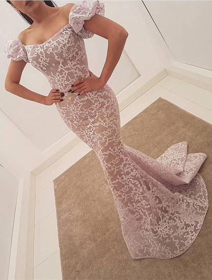 Elegante Abendkleider mit Meerjungfrau-Spitze 2022 | Schulterfreies Ballkleid mit Sweep-Zug_2