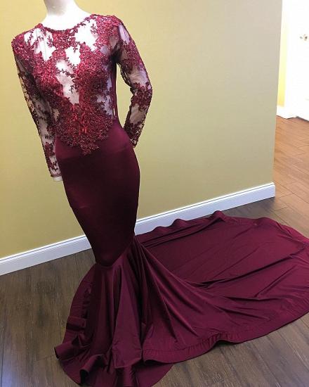 See Through Beaded Lace Appliques Burgundy Prom Dresses 2022 Mermaid Long Sleeve Evening Gown_3