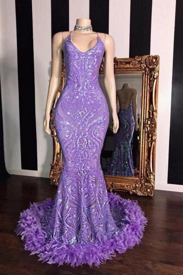 Spaghetti V-neck Sequins Floor Length Fur Train Mermaid Prom Dresses_1