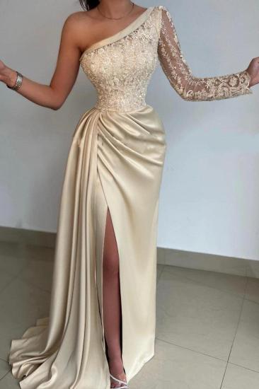Champagne One Shoulder Long Sleeve Prom Dresses With Lace_1