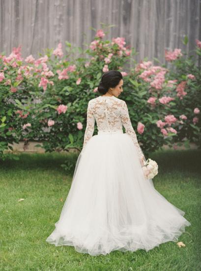 Vintage A-line Tulle Long Sleeve Bridal Gowns New Arrival Lace Sweep Train Wedding Dress_2