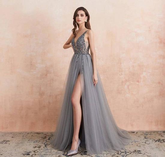 Elegant V-Neck Beadings Tulle Prom Dress Side Split Luxury Eveing Party Dress_2