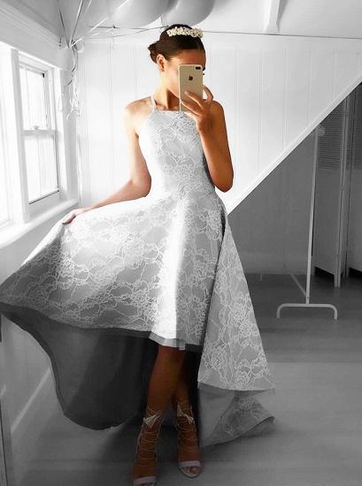 2022 Elegant Sleeveless A-line Hi-Lo Halter Lace Prom Dresses_3