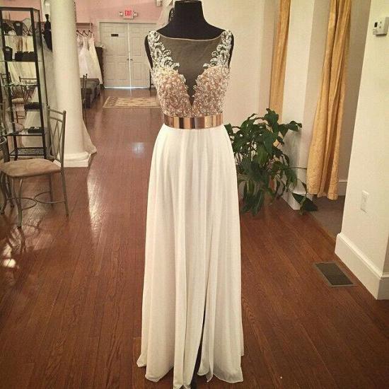 V-Neck Formal White Chiffon Long Applique Prom Dresses Affordable Custom Floor Length Belt Dresses for Juniors_2