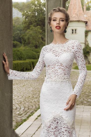 Long Sleeves Lace Mermaid Bridal Gowns Deep V Back Waved Court Train 2022 Wedding Dress_3