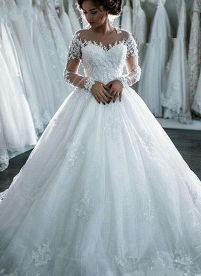 Sheer Lace Long-Sleeves Beaded Ball-Gown Wedding Dresses_1