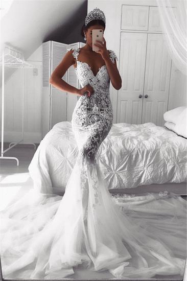 Sexy Mermaid Straps Wedding Dresses | Sheer Tulle Sleeveless Appliques Bridal Gowns_1
