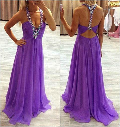 Sexy Open Back Chiffon Purple Prom Dresses 2022 Deep V-neck Evening Gown_3
