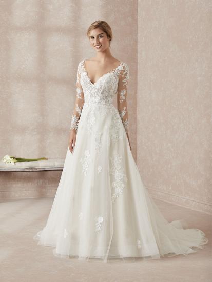 Elegantes weißes bodenlanges Brautkleid mit langen Ärmeln und Spitzenapplikationen