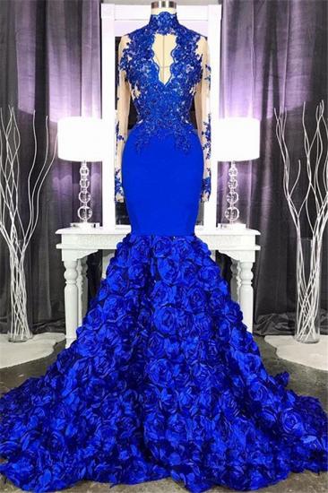Elegant Long Sleeve Lace Appliques Prom Dress Online | Fit and Flare Royal Blue Floral Prom Dress with Keyhole_2