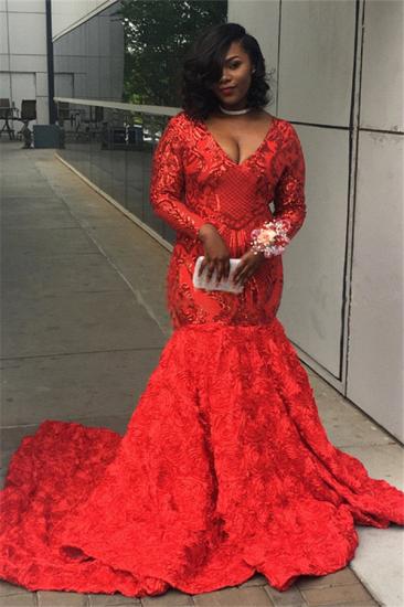 V-neck Sequins Red Flower Prom Dress | Charming Long Sleeve Mermaid Evening Gowns_1