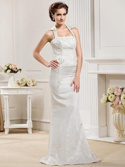 Affordable Mermaid Halter Wedding Dress Satin Sleeveless Bridal Gowns with Court Train_7