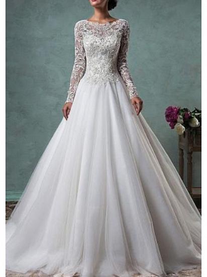 Glamorous A-Line Wedding Dresses Jewel Lace Tulle Long Sleeve Bridal Gowns Illusion Sleeve Bridal Gowns Sweep Train