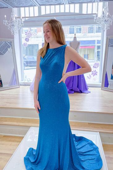 High neck satin blue long mermaid bridesmaid dress