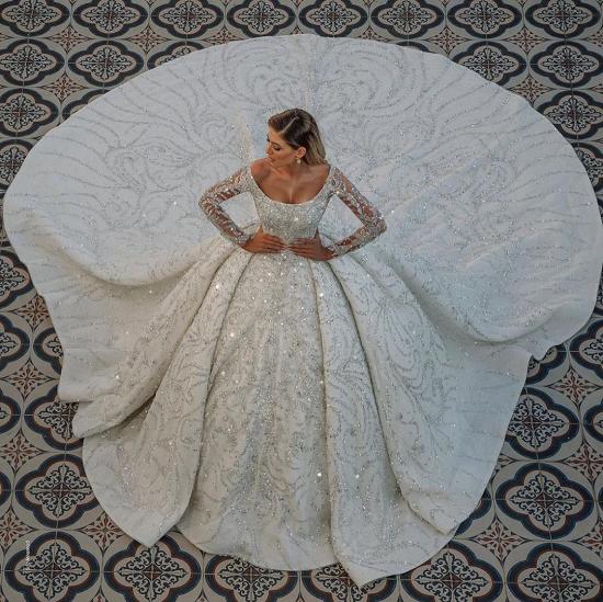 Luxurious Princess Ball Gown Long Sleeves Sparkly sequins Bridal Gowns with Sweep Train_4
