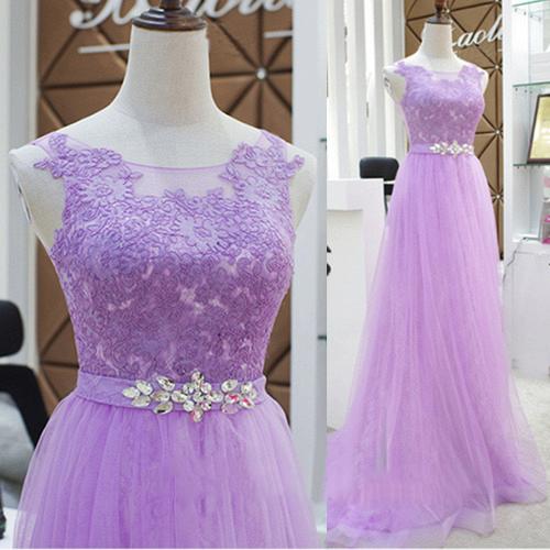 Custom Made High Quality Lilac Long Prom Dresses with Lace Appliques Crystals Soft Tulle Cheap Evening Dresses_1
