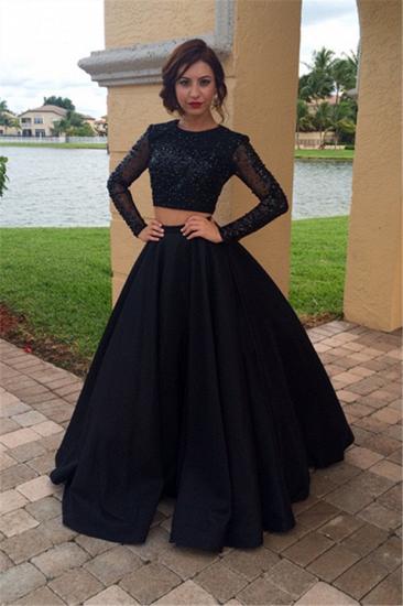 Long Sleeves Beaded Two Pieces Evening Dress Black A-Line 2022 Prom Dress_1