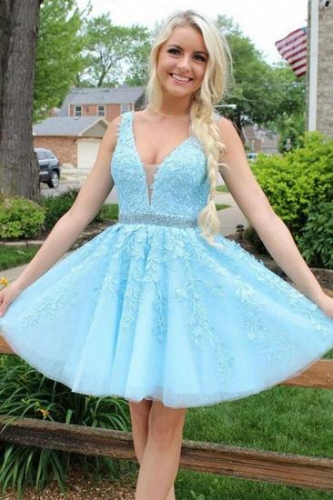 Cute Sky Blue Floral Lace V-Neck Short Homecoming Dress Sleeveless Party Dress