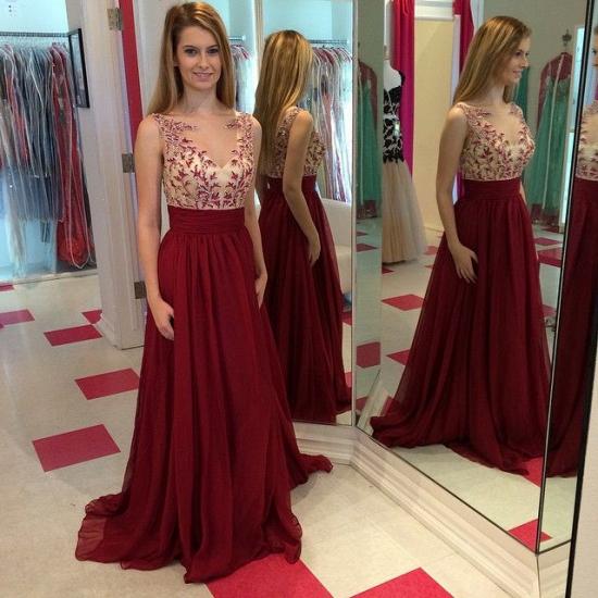 Burgundy Chiffon Sleeveless Sheer 2022 Evening Dresses Applique Satin Backless Prom Gowns_2