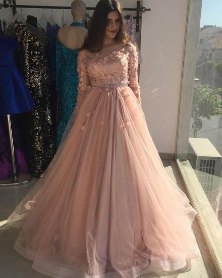 Long sleeves Floral Blow Dusty Pink Ball Gown Tulle Prom Dresses_3
