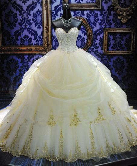 Elegantes weißes Schatz-Kristallballkleid-Hochzeits-Kleid-Gerichts-Zug Bowknot-Brautkleider mit Perlenstickereien_4