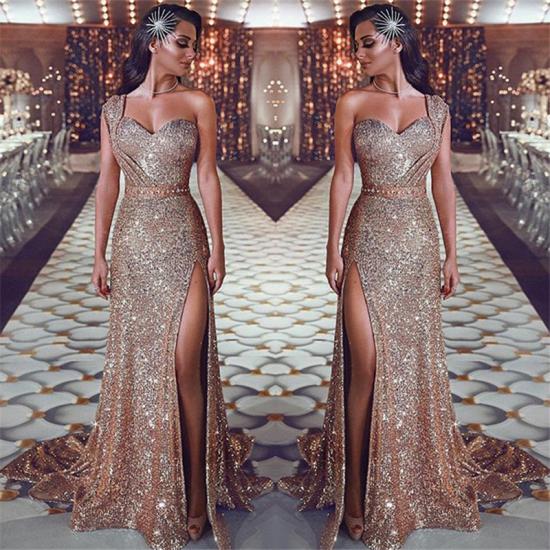 One Shoulder Sexy Split Gold Sequins Evening Dresses | Sleeveless Cheap Prom Dresses 2022_3