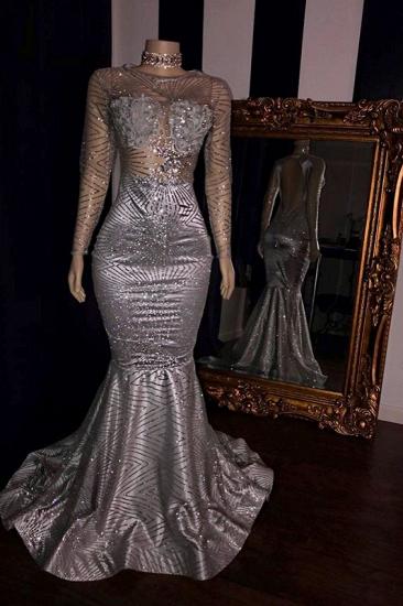 Elegant Appliques Sheer Tulle Prom Dresses | Sliver Long Sleeves Mermaid Evening Gowns_1
