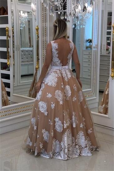 Glamorous A-line Tulle V-Neck Prom Dresses 2022 Sleeveless Lace Evening Dresses with Beadings_3