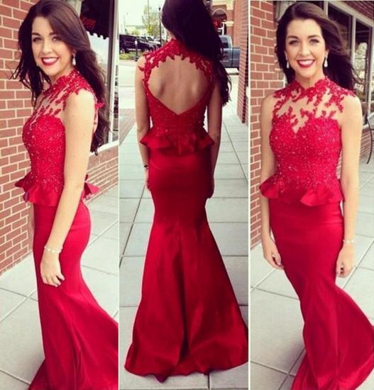 Red High Collar Lce Mermaid Evening Gowns with Beadings Sexy Open Back Long Prom Dress_2