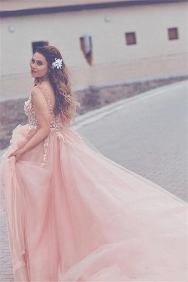 Elegant Pink Tulle A-Line Prom Dresses 2022 Sleeveless Appliques Evening Gowns_5