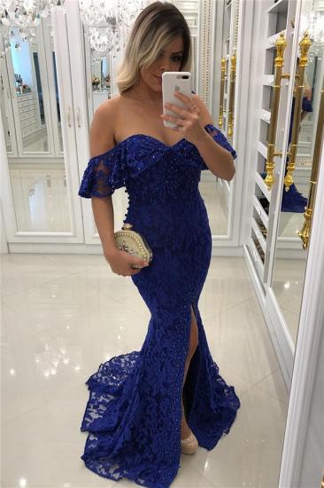 Royal Blue Lace Mermaid Prom Dresses Beads Sequins Off The Shoulder Front Split Evening Gown 2022