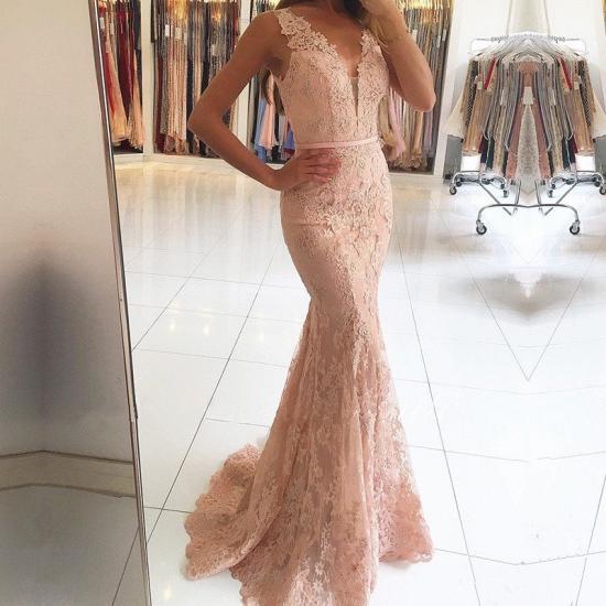 Mermaid Pink Lace Long Evening Dresses | Sleeveless Sheer Tulle Prom Dresses_3