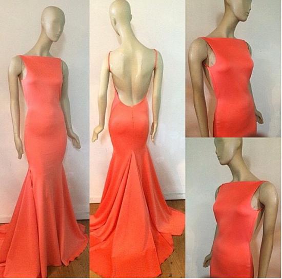 Fishtail Open Back Orange Cheap Evening Dresses with Long Train 2022 Sexy Custom Made Prom Dresses_2