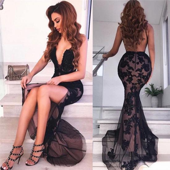 Sexy Backless Black Evening Dresses | V-neck Appliques Formal Dresses with Slit_4