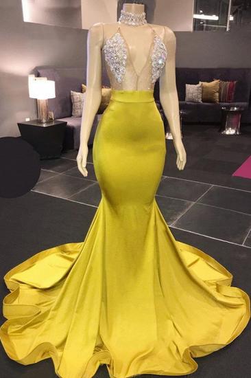 Beads Crystals Sheer Tulle Cheap Prom Dresses | Mermaid Sleeveless Sexy Yellow Formal Evening Gowns_1