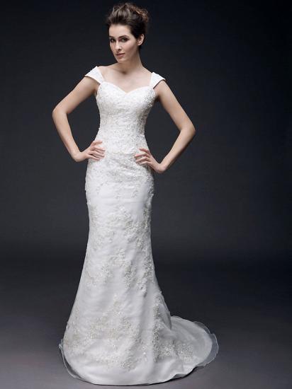 Affordable Mermaid Off Shoulder Wedding Dress Organza Short Sleeve Bridal Gowns with Sweep Train_2