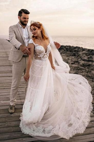 Fashionable A-Line Lace V-Neck Long Wedding Dress｜Boho Wedding Dress_1