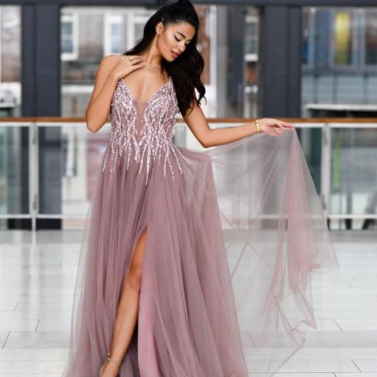 Sparkle Sequined High split Dusty pink Criss-cross Back Prom Dresses_2