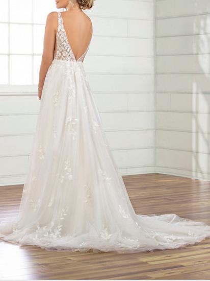 Sexy Backless A-Line Wedding Dress V-neck Tulle Sleeveless Bridal Gowns with Sweep Train_2