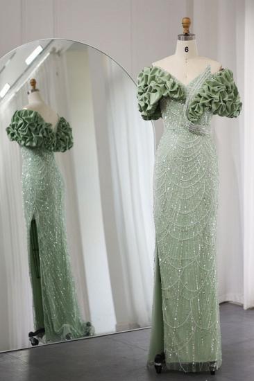 Luxury Dubai Off-the-Shoulder Mermaid Sage Evening Dresses Side Slit Glitter Beading Party Dress_1