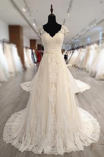 TsClothzone Gorgeous V-Neck Cap Sleeves Tulle Wedding Dress Lace Appliques Ruffle Bridal Gowns Online
