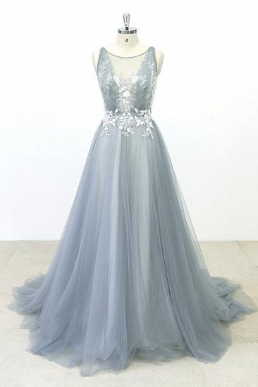 TsClothzone Elegant Gray Tulle Round Neck Beach Wedding Dress Jewel Sweep Train Bridal Gowns On Sale_2