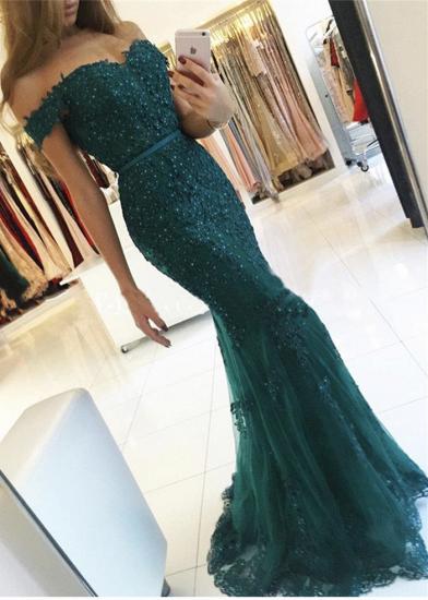 Charming Dark-Green Off-the-Shoulder Mermaid Lace Appliques Evening Dress_1