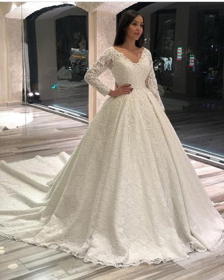 Elegant Long Sleeve Wedding Dress V-Neck Aline Bridal Dress_2