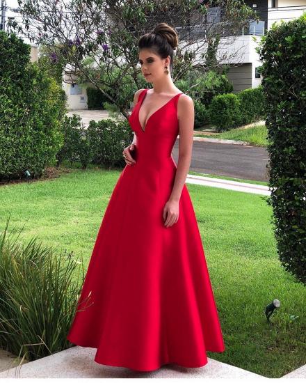 Hot Sleeveless Red Deep V-neck A-line Backless Prom Dress Online_3
