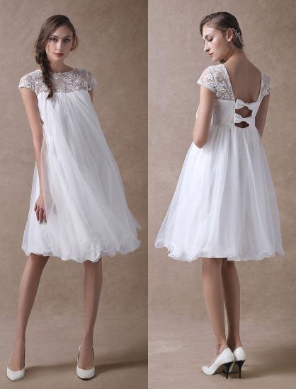 Sweet Short Sleeves Tulle Lace Knee-Length Bow Wedding Dresses_1